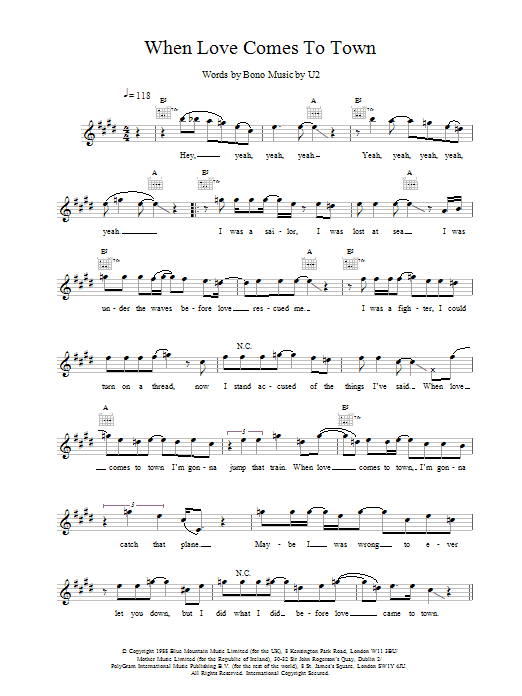 U2 When Love Comes To Town sheet music preview music notes and score for Piano, Vocal & Guitar (Right-Hand Melody) including 8 page(s)