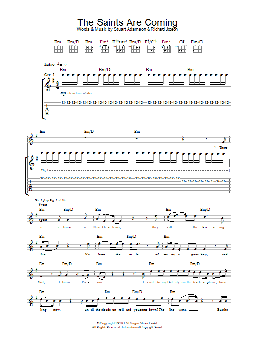 U2 & Green Day The Saints Are Coming sheet music preview music notes and score for Guitar Tab including 6 page(s)