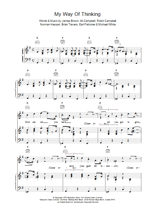 UB40 My Way Of Thinking sheet music preview music notes and score for Piano, Vocal & Guitar (Right-Hand Melody) including 2 page(s)