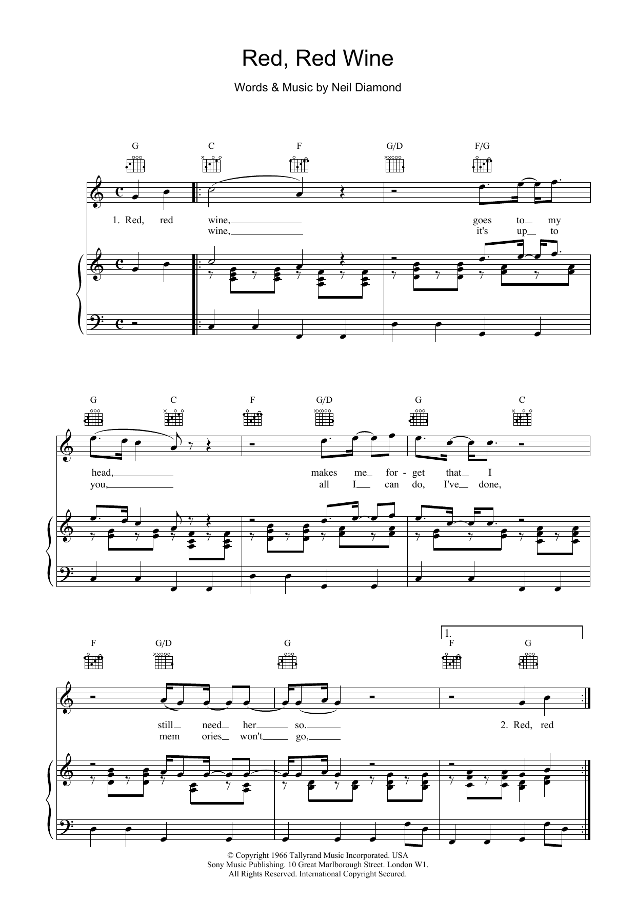 UB40 Red, Red Wine sheet music preview music notes and score for Piano, Vocal & Guitar (Right-Hand Melody) including 4 page(s)