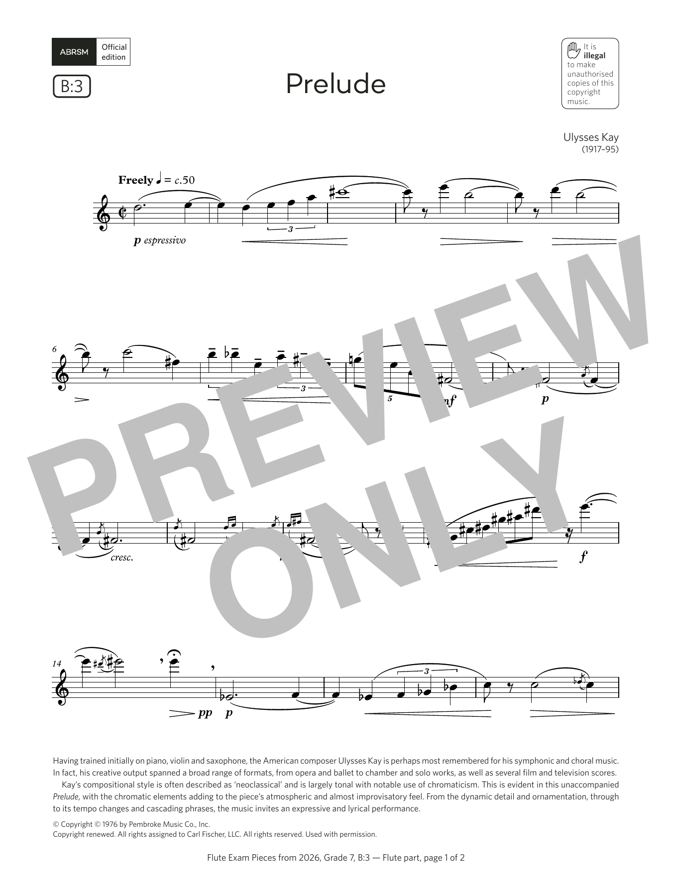 Ulysses Kay Prelude (Grade 7, list B3, from the ABRSM Flute Syllabus from 2026) sheet music, chords, lyrics - Printable PDF for Flute Solo