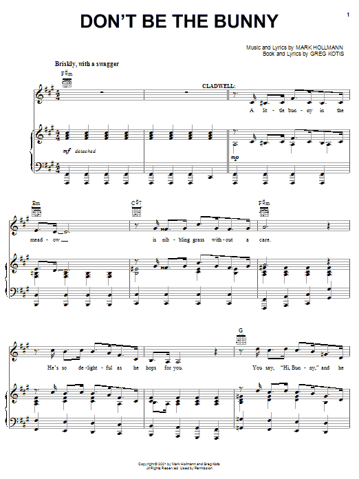 Learn to play Urinetown (Musical) Don't Be The Bunny sheet music for Piano, Vocal & Guitar (Right-Hand Melody) in minutes. Urinetown (Musical) Don't Be The Bunny sheet music preview music notes and score for Piano, Vocal & Guitar (Right-Hand Melody) including 7 page(s)