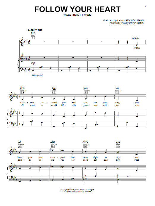 Urinetown (Musical) Follow Your Heart sheet music preview music notes and score for Piano, Vocal & Guitar (Right-Hand Melody) including 7 page(s)