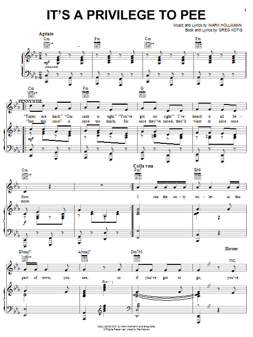 Urinetown (Musical) It's A Privilege To Pee sheet music preview music notes and score for Piano, Vocal & Guitar (Right-Hand Melody) including 9 page(s)
