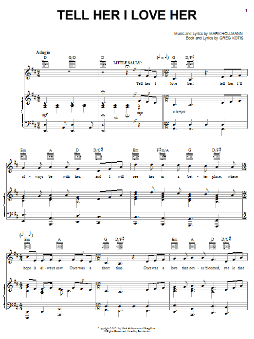 Learn to play Urinetown (Musical) Tell Her I Love Her sheet music for Piano, Vocal & Guitar (Right-Hand Melody) in minutes. Urinetown (Musical) Tell Her I Love Her sheet music preview music notes and score for Piano, Vocal & Guitar (Right-Hand Melody) including 4 page(s)