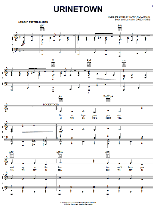 Learn to play Urinetown (Musical) Urinetown sheet music for Piano, Vocal & Guitar (Right-Hand Melody) in minutes. Urinetown (Musical) Urinetown sheet music preview music notes and score for Piano, Vocal & Guitar (Right-Hand Melody) including 8 page(s)
