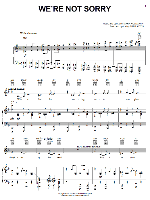 Learn to play Urinetown (Musical) We're Not Sorry sheet music for Piano, Vocal & Guitar (Right-Hand Melody) in minutes. Urinetown (Musical) We're Not Sorry sheet music preview music notes and score for Piano, Vocal & Guitar (Right-Hand Melody) including 6 page(s)