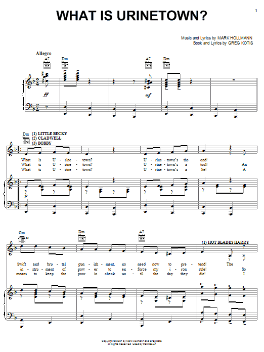 Learn to play Urinetown (Musical) What Is Urinetown? sheet music for Piano, Vocal & Guitar (Right-Hand Melody) in minutes. Urinetown (Musical) What Is Urinetown? sheet music preview music notes and score for Piano, Vocal & Guitar (Right-Hand Melody) including 7 page(s)