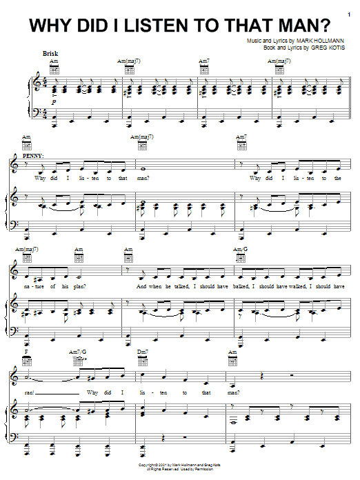 Learn to play Urinetown (Musical) Why Did I Listen To That Man? sheet music for Piano, Vocal & Guitar (Right-Hand Melody) in minutes. Urinetown (Musical) Why Did I Listen To That Man? sheet music preview music notes and score for Piano, Vocal & Guitar (Right-Hand Melody) including 10 page(s)