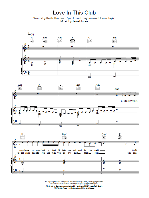 Learn to play Usher Love In This Club (feat. Young Jeezy) sheet music for Piano, Vocal & Guitar in minutes. Usher Love In This Club (feat. Young Jeezy) sheet music preview music notes and score for Piano, Vocal & Guitar including 8 page(s)