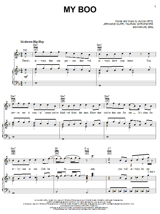 Learn to play Usher & Alicia Keys My Boo sheet music for Piano, Vocal & Guitar (Right-Hand Melody) in minutes. Usher & Alicia Keys My Boo sheet music preview music notes and score for Piano, Vocal & Guitar (Right-Hand Melody) including 7 page(s)