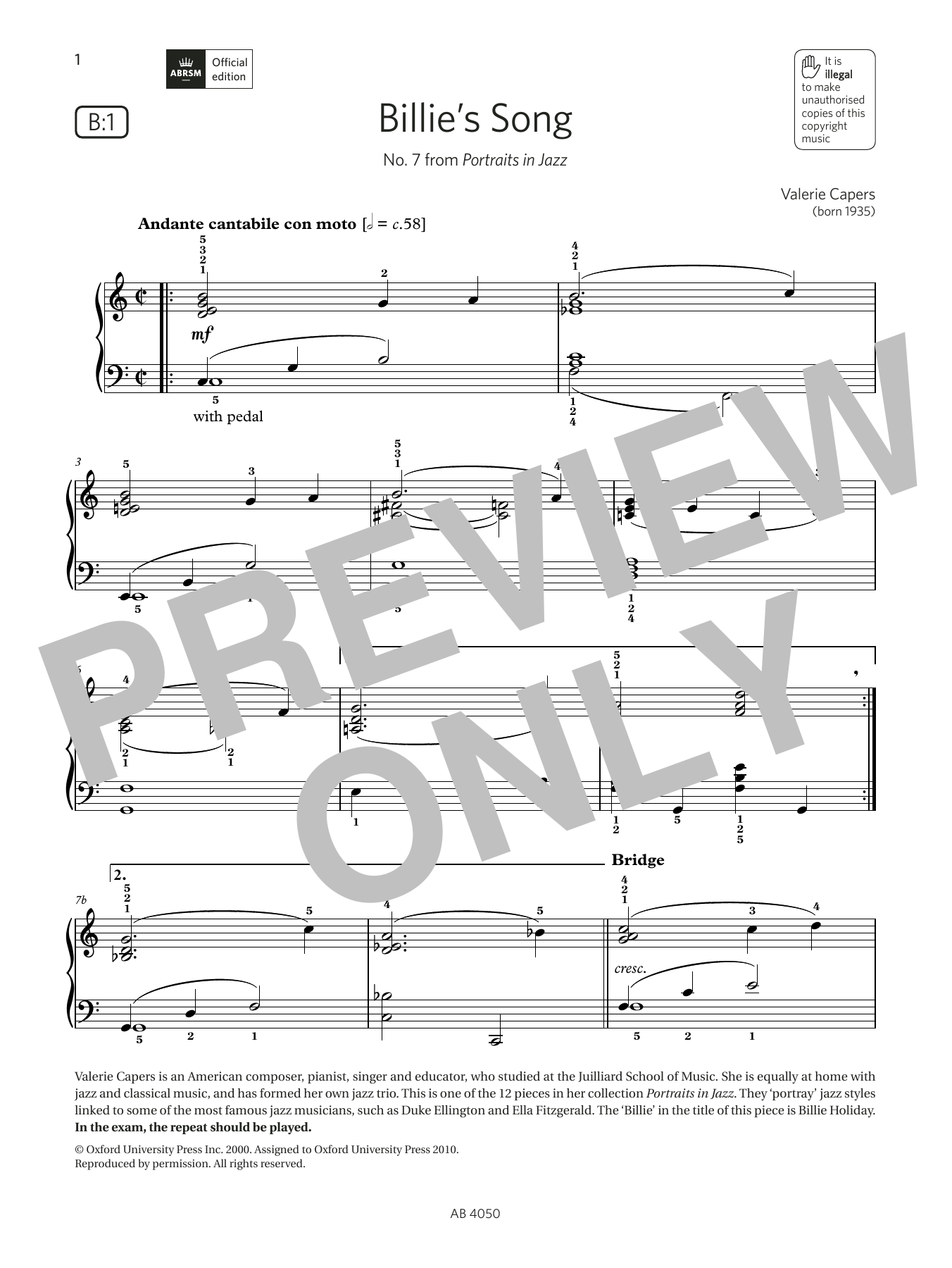 Valerie Capers Billie's Song (Grade 4, list B1, from the ABRSM Piano Syllabus 2023 & 2024) sheet music, chords, lyrics - Printable PDF for Piano Solo