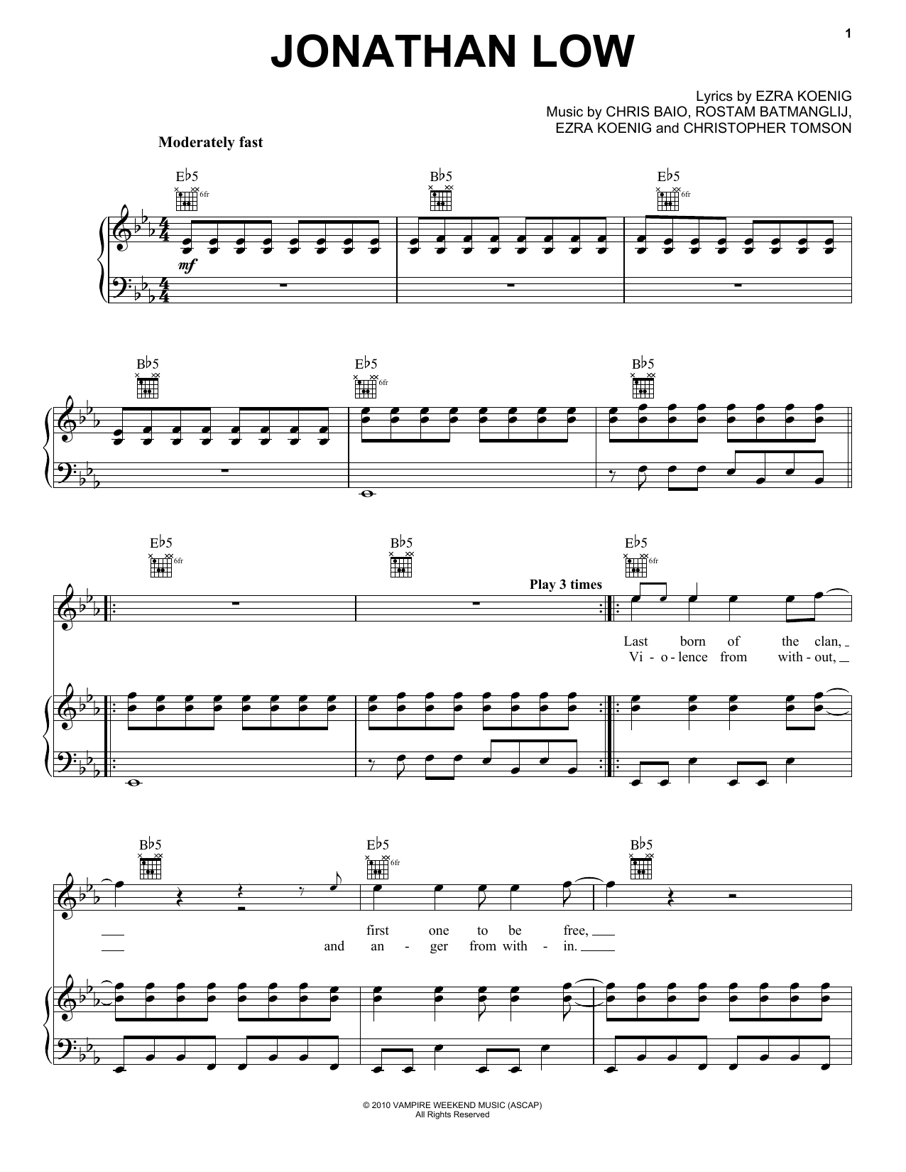 Vampire Weekend "Jonathan Low (from The Twilight Saga Eclipse)" Sheet Music Download