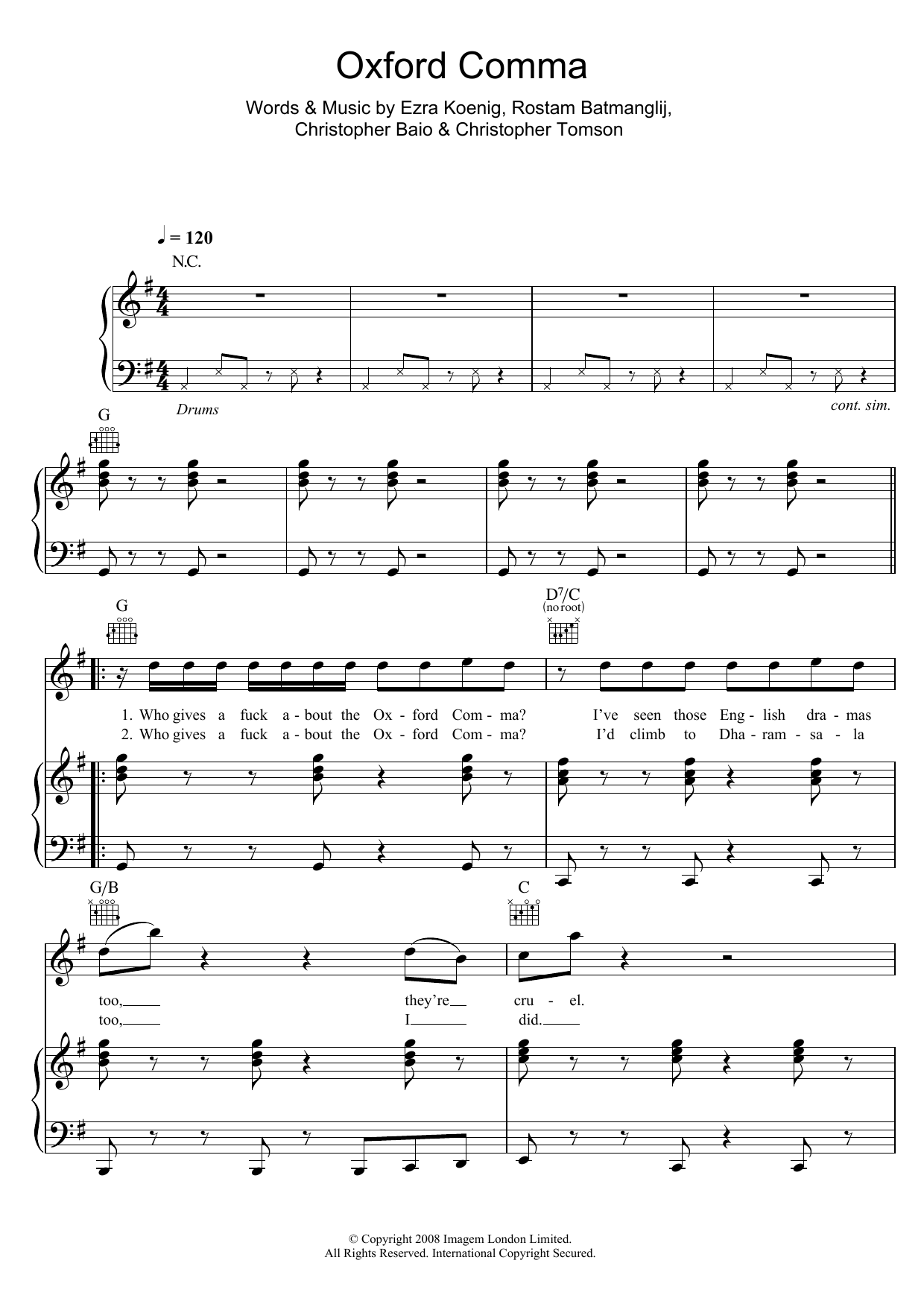 Learn to play Vampire Weekend Oxford Comma sheet music for Piano, Vocal & Guitar in minutes. Vampire Weekend Oxford Comma sheet music preview music notes and score for Piano, Vocal & Guitar including 5 page(s)