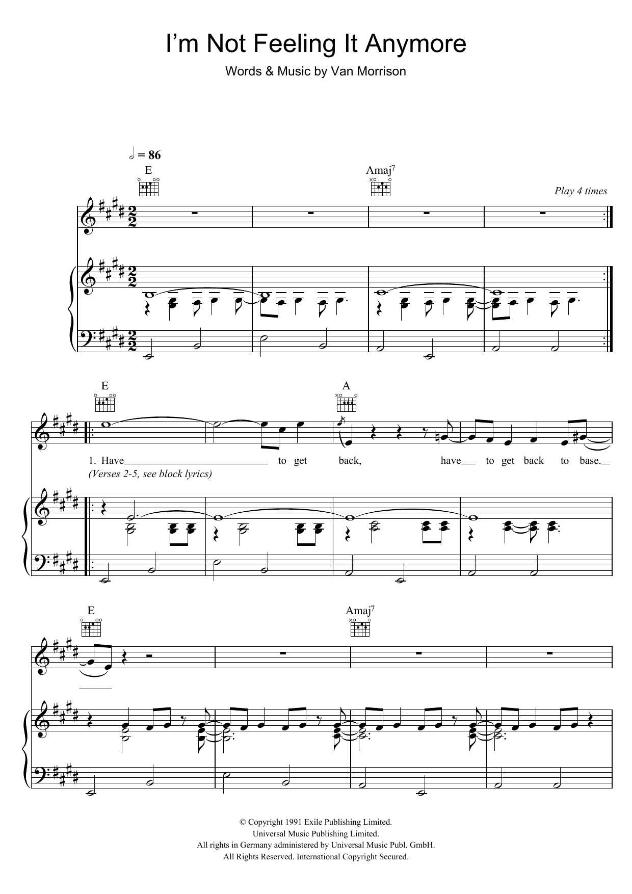 Van Morrison I'm Not Feeling It Anymore sheet music, chords, lyrics - Printable PDF for Piano, Vocal & Guitar