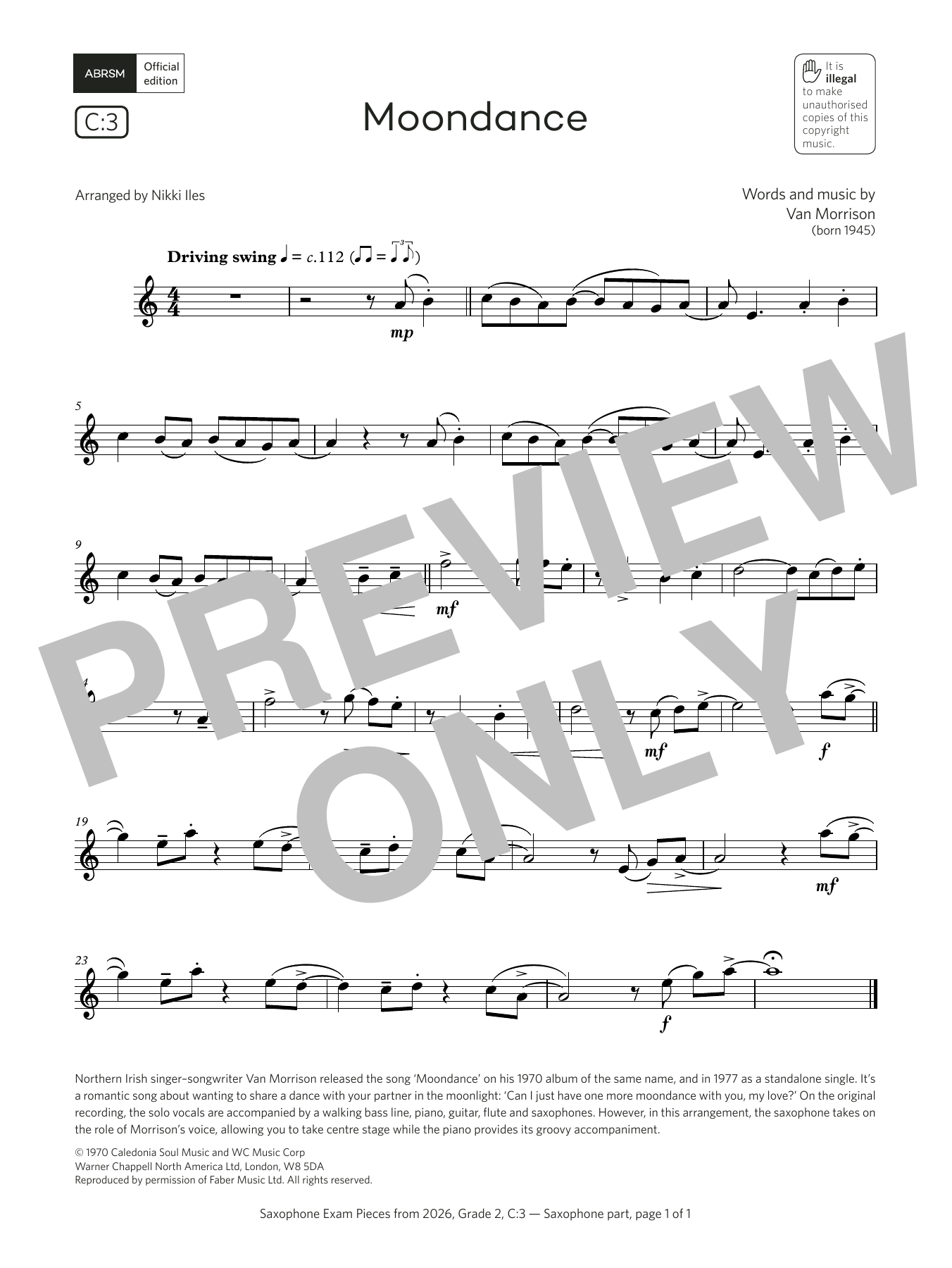 Van Morrison Moondance (Grade 2, list C3, from the ABRSM Saxophone Syllabus from 2026) sheet music, chords, lyrics - Printable PDF for Alto Sax Solo
