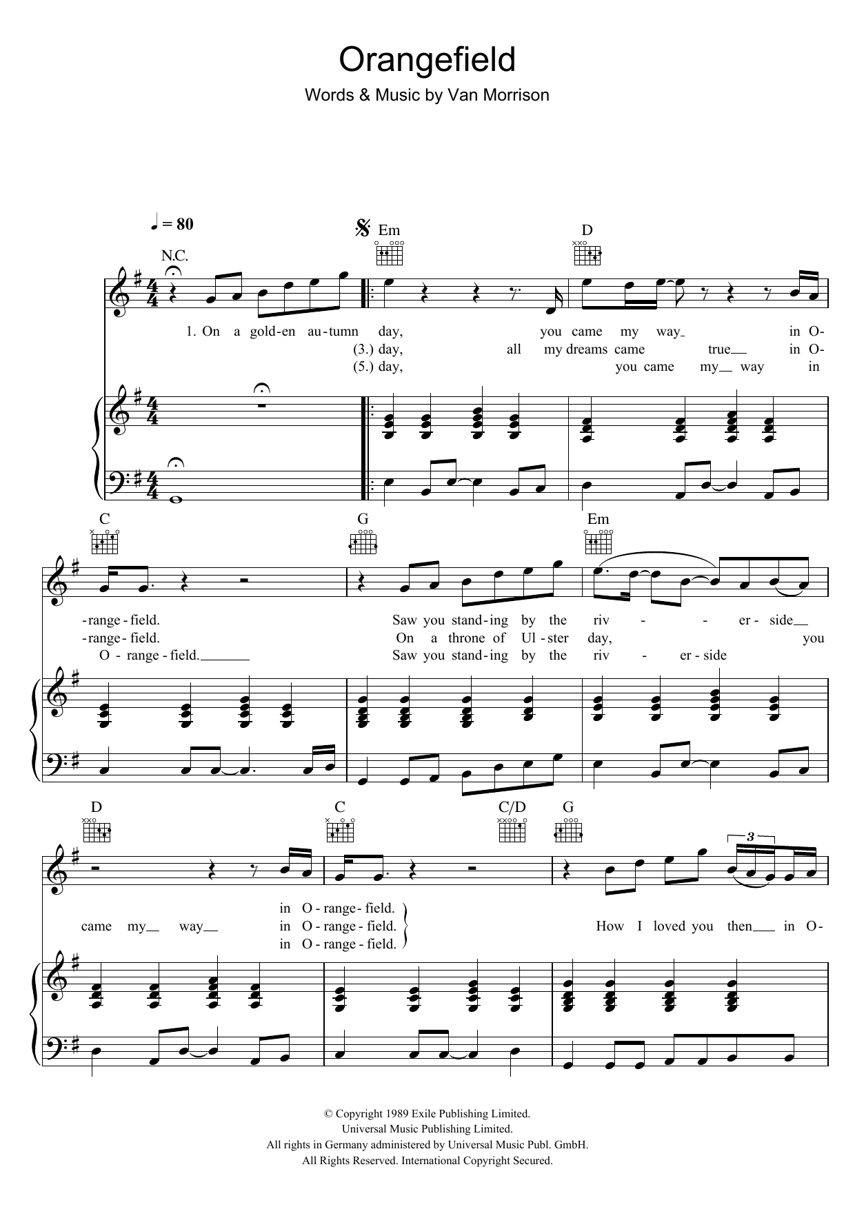 Van Morrison Orangefield sheet music, chords, lyrics - Printable PDF for Piano, Vocal & Guitar