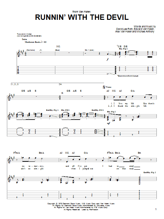 Van Halen Runnin' With The Devil sheet music preview music notes and score for Easy Guitar Tab including 3 page(s)