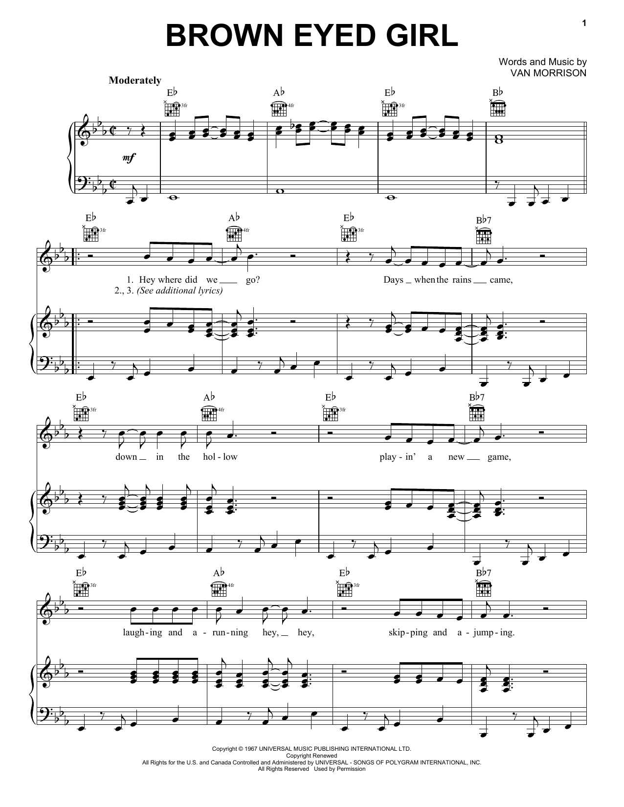 Van Morrison Brown Eyed Girl sheet music preview music notes and score for Piano Duet including 4 page(s)
