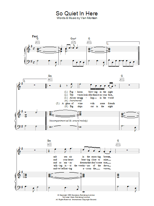 Van Morrison So Quiet In Here sheet music preview music notes and score for Piano, Vocal & Guitar including 4 page(s)