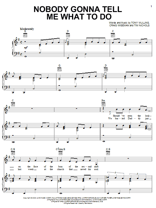 Learn to play Van Zant Nobody Gonna Tell Me What To Do sheet music for Piano, Vocal & Guitar (Right-Hand Melody) in minutes. Van Zant Nobody Gonna Tell Me What To Do sheet music preview music notes and score for Piano, Vocal & Guitar (Right-Hand Melody) including 5 page(s)