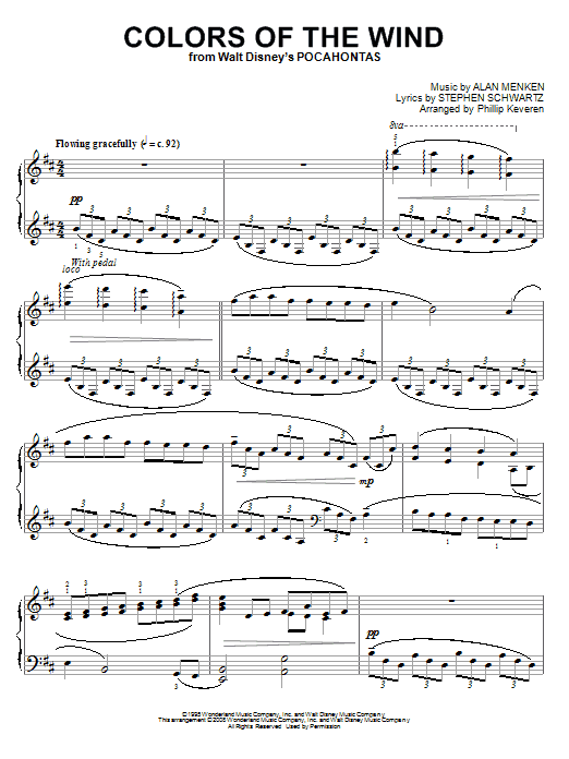 Alan Menken Colors Of The Wind sheet music, chords, lyrics - Printable PDF for Piano