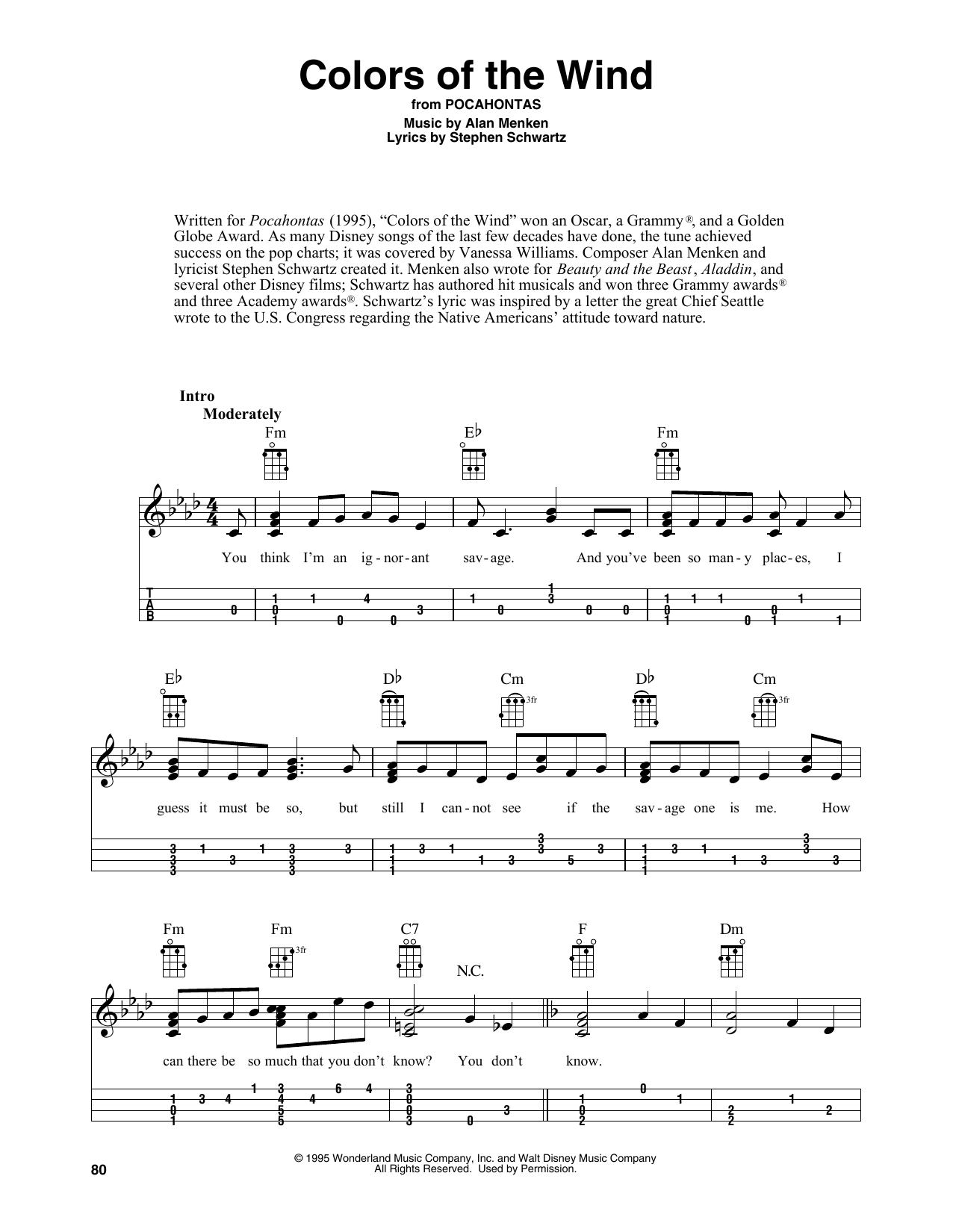 Vanessa Williams Colors Of The Wind (from Pocahontas) (arr. Fred Sokolow) sheet music, chords, lyrics - Printable PDF for Easy Ukulele Tab