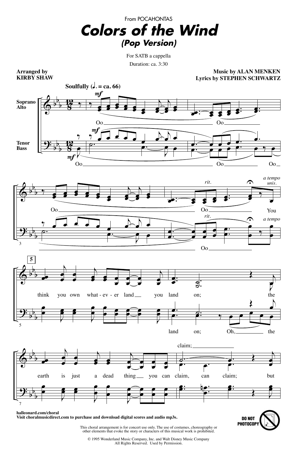 Vanessa Williams Colors Of The Wind (from Pocahontas) (Arr. Kirby Shaw) sheet music, chords, lyrics - Printable PDF for SATB Choir