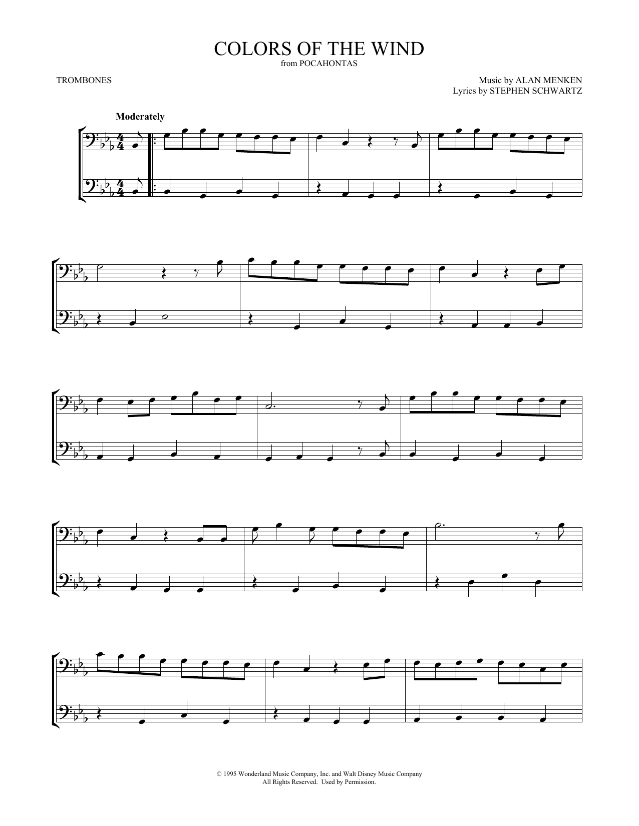 Vanessa Williams Colors Of The Wind sheet music, chords, lyrics - Printable PDF for Trombone Duet