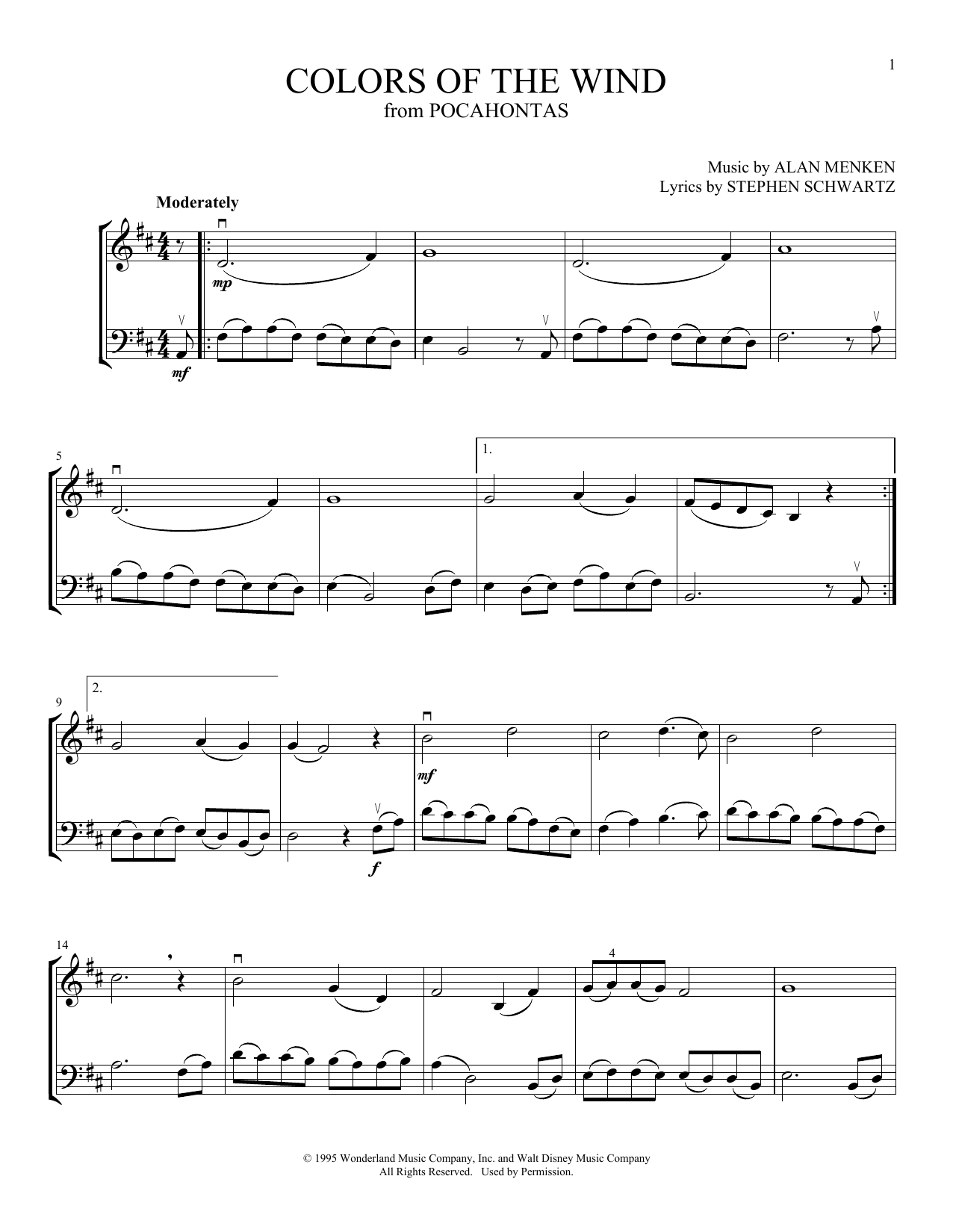 Vanessa Williams Colors Of The Wind (from Pocahontas) (arr. Michelle Hynson) sheet music, chords, lyrics - Printable PDF for Instrumental Duet