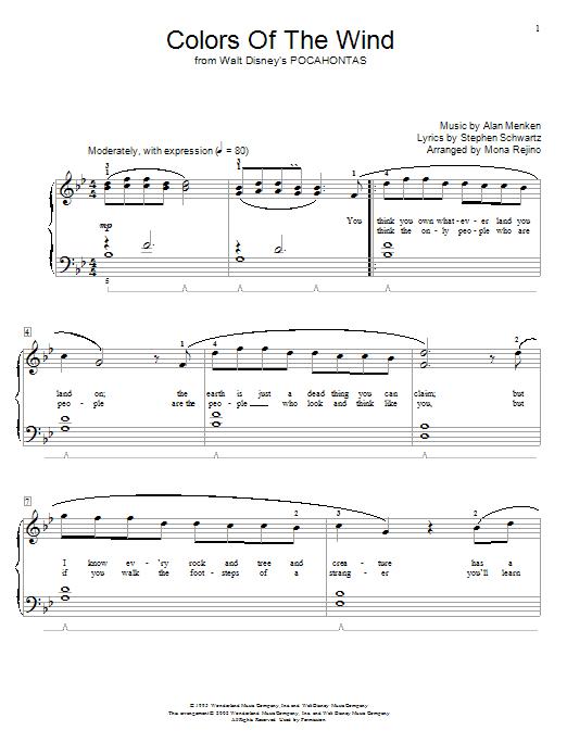 Alan Menken Colors Of The Wind sheet music, chords, lyrics - Printable PDF for Educational Piano