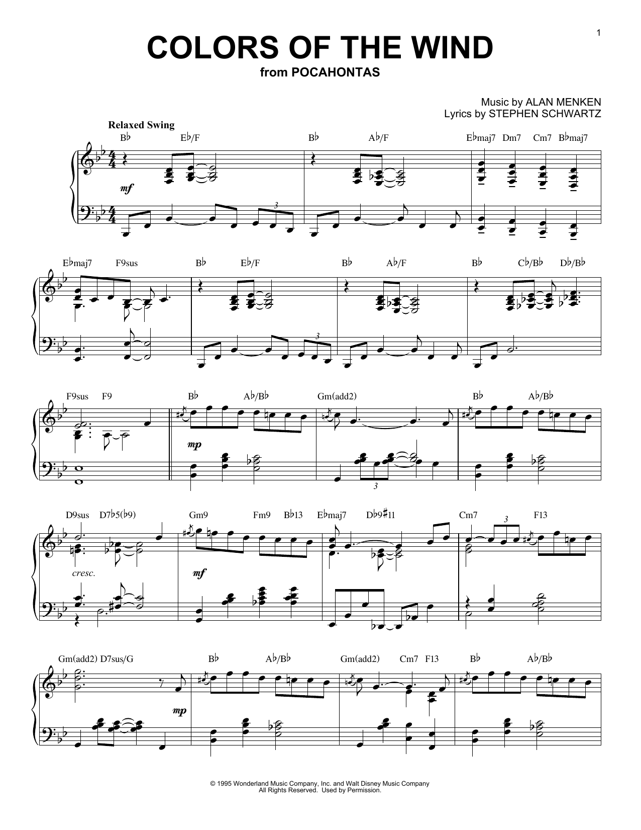 Vanessa Williams Colors Of The Wind sheet music, chords, lyrics - Printable PDF for Piano