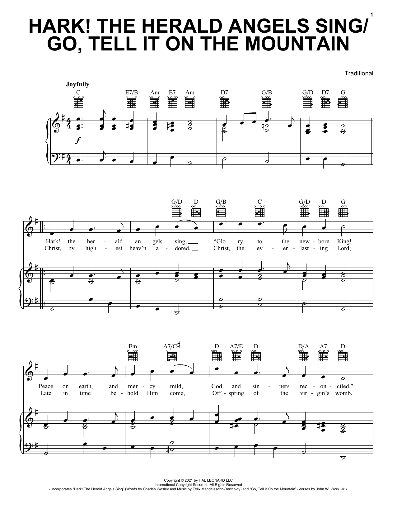 Various Hark! The Herald Angels Sing / Go, Tell It On The Mountain sheet music, chords, lyrics - Printable PDF for Piano Solo
