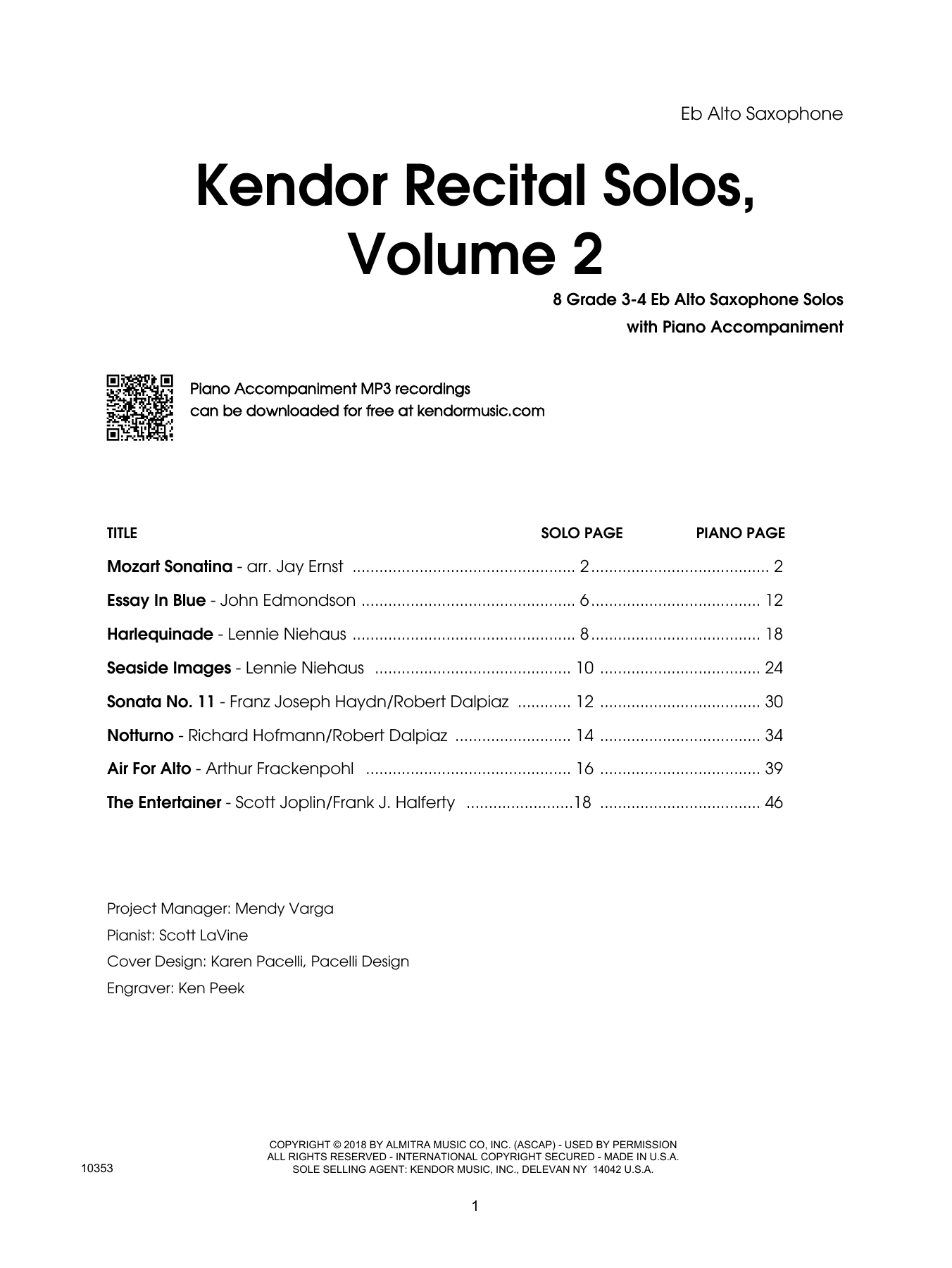 Learn to play Various Kendor Recital Solos, Volume 2 - Eb Alto Saxophone sheet music for Woodwind Solo in minutes. Various Kendor Recital Solos, Volume 2 - Eb Alto Saxophone sheet music preview music notes and score for Woodwind Solo including 19 page(s)