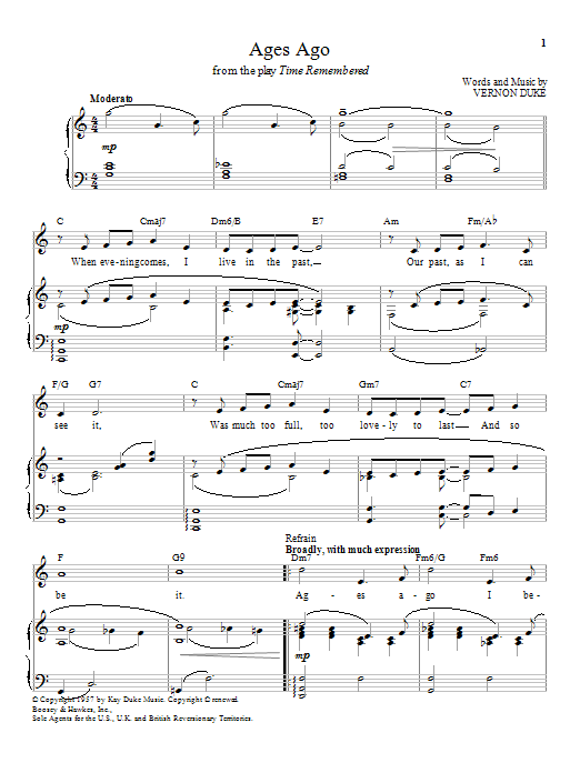 Learn to play Vernon Duke Ages Ago sheet music for Piano & Vocal in minutes. Vernon Duke Ages Ago sheet music preview music notes and score for Piano & Vocal including 3 page(s)
