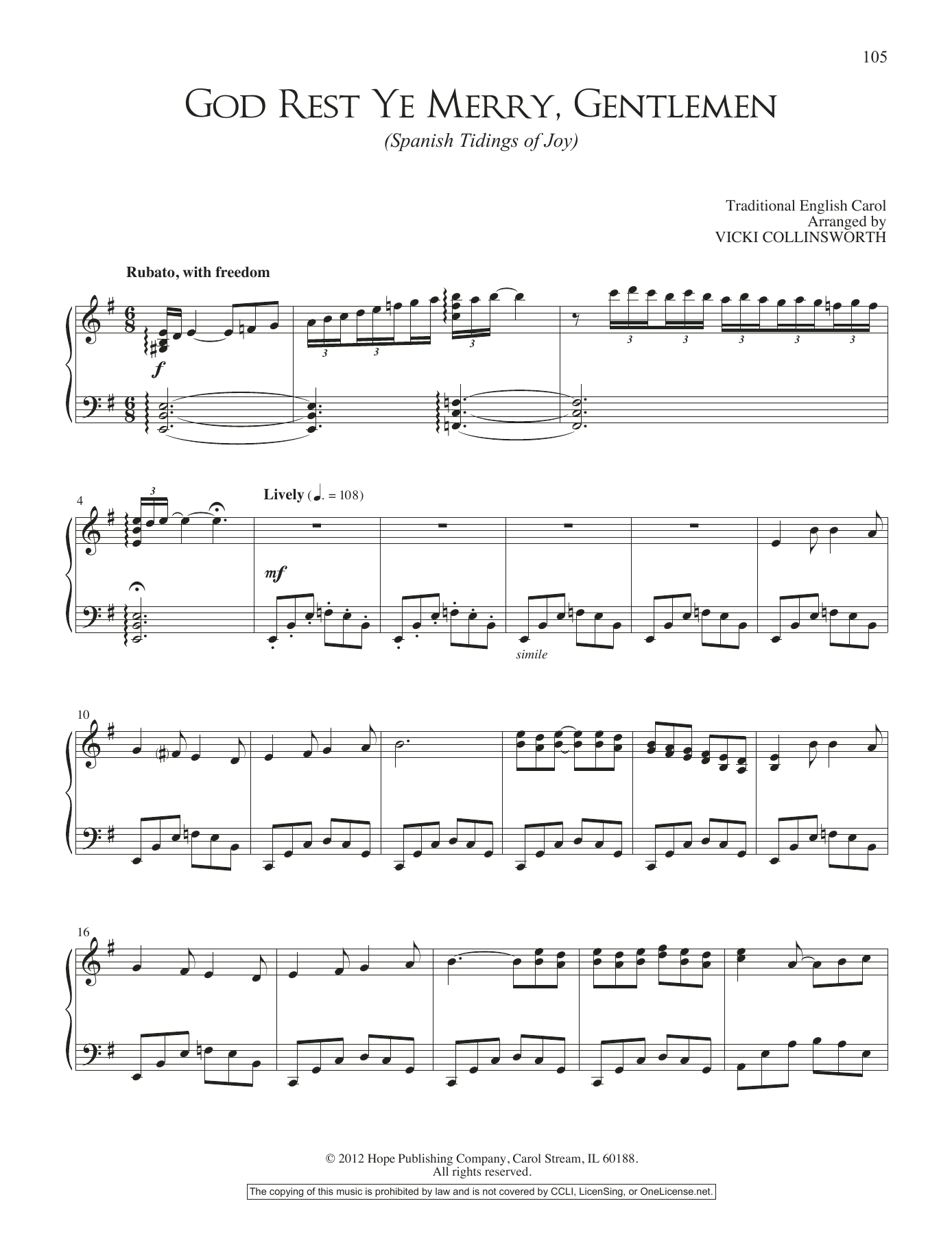 VICKI COLLINSWORTH God Rest Ye Merry, Gentlemen (Spanish Tidings of Joy) sheet music, chords, lyrics - Printable PDF for Piano Solo