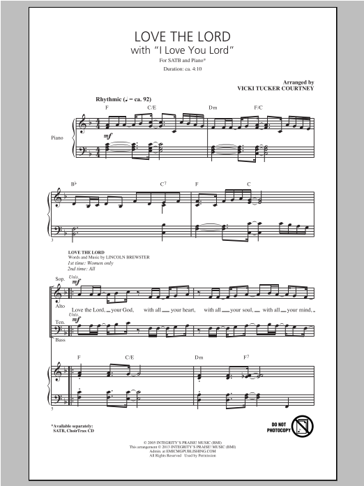 Vicki Tucker Courtney Love The Lord (with I Love You Lord) sheet music, chords, lyrics - Printable PDF for SATB