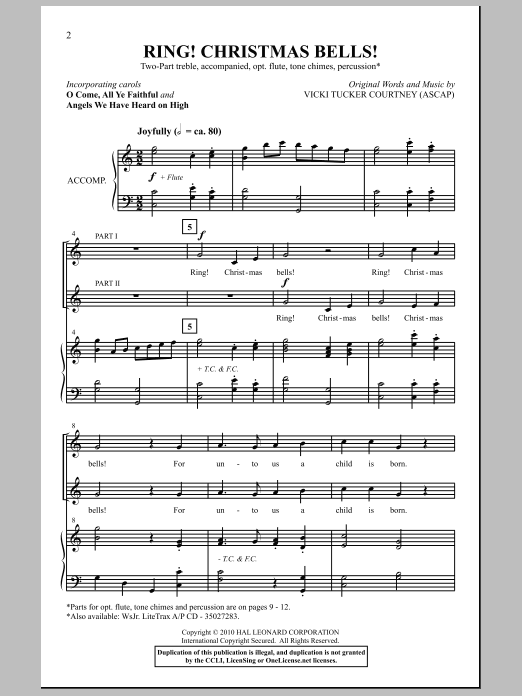 Vicki Tucker Courtney Ring! Christmas Bells! sheet music, chords, lyrics - Printable PDF for 2-Part Choir