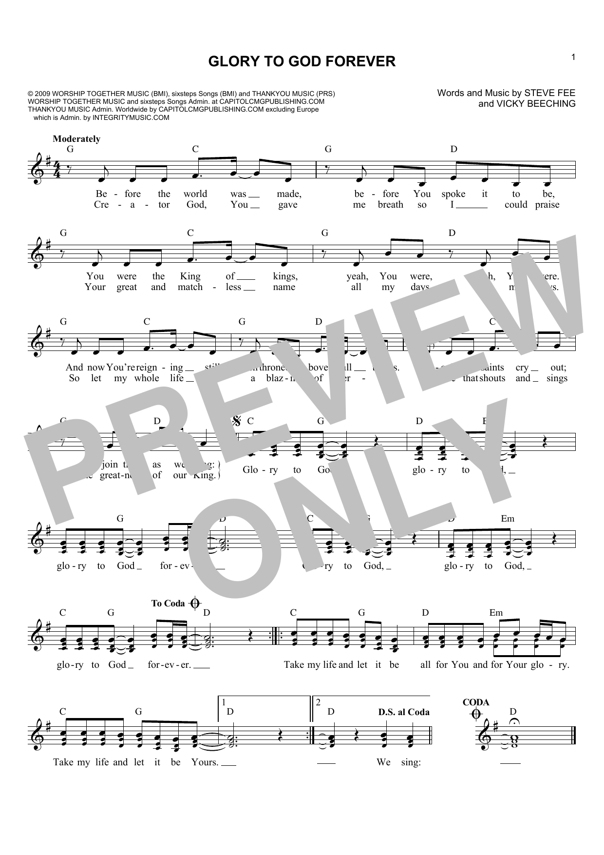Vicky Beeching Glory To God Forever sheet music, chords, lyrics - Printable PDF for Melody Line, Lyrics & Chords