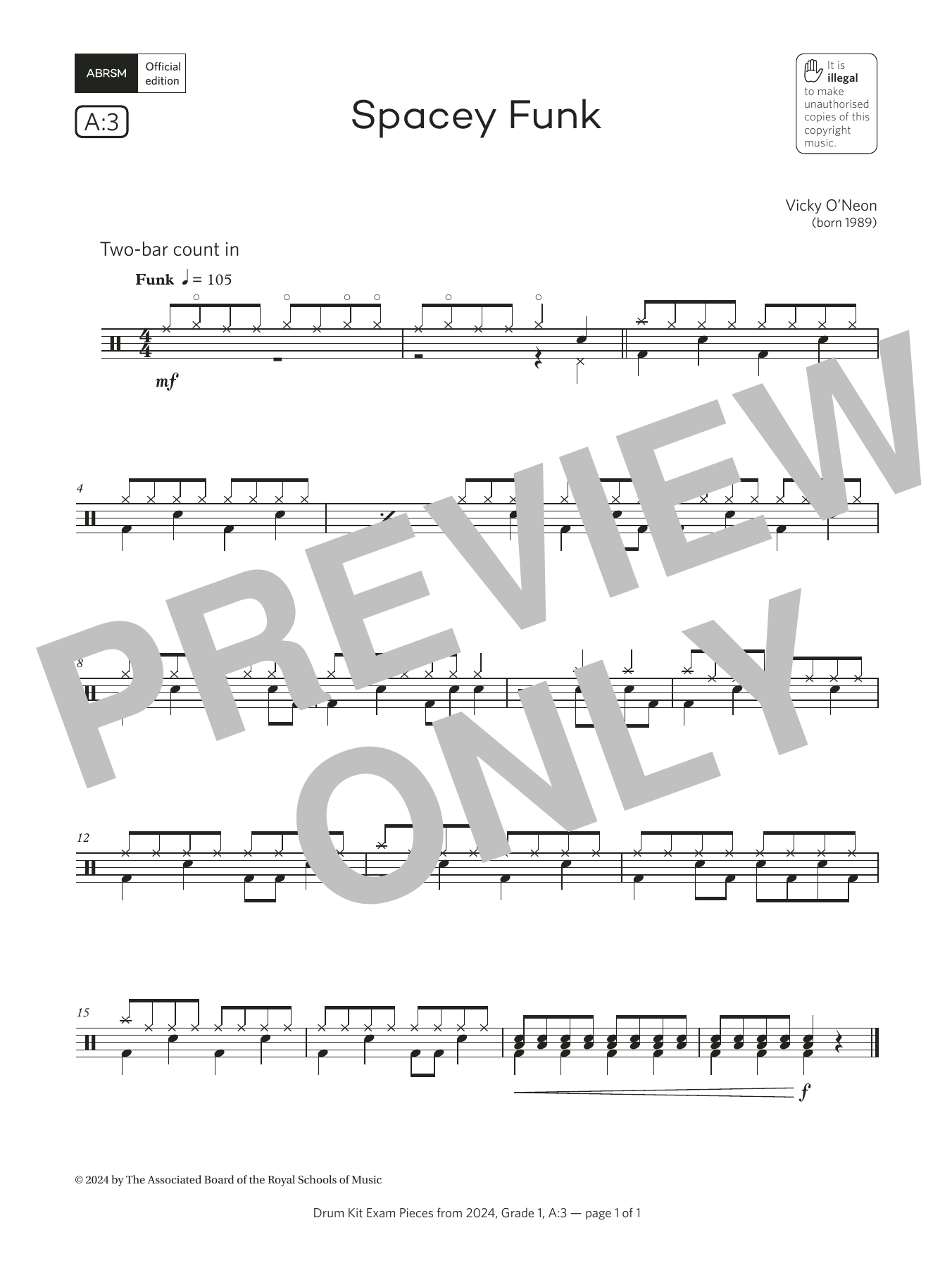 Vicky O'Neon Spacey Funk (Grade 1, list A3, from the ABRSM Drum Kit Syllabus 2024) sheet music, chords, lyrics - Printable PDF for Drums