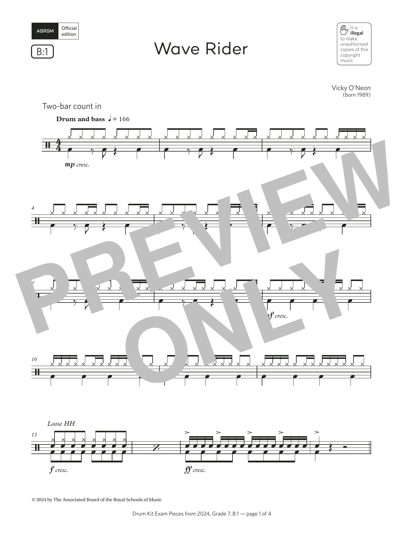 Vicky O'Neon Wave Rider (Grade 7, list B1, from the ABRSM Drum Kit Syllabus 2024) sheet music, chords, lyrics - Printable PDF for Drums