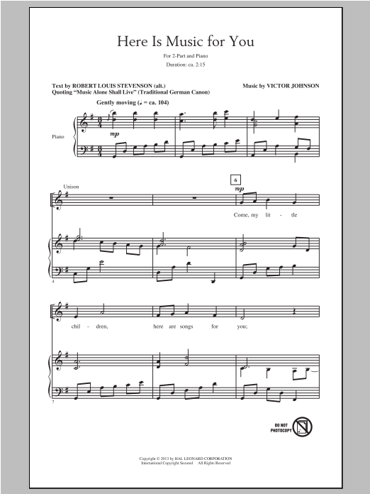 Victor Johnson Here Is Music For You sheet music, chords, lyrics - Printable PDF for 2-Part Choir