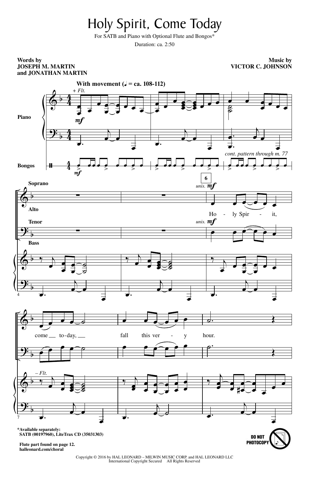 Victor C. Johnson Holy Spirit, Come Today sheet music, chords, lyrics - Printable PDF for SATB