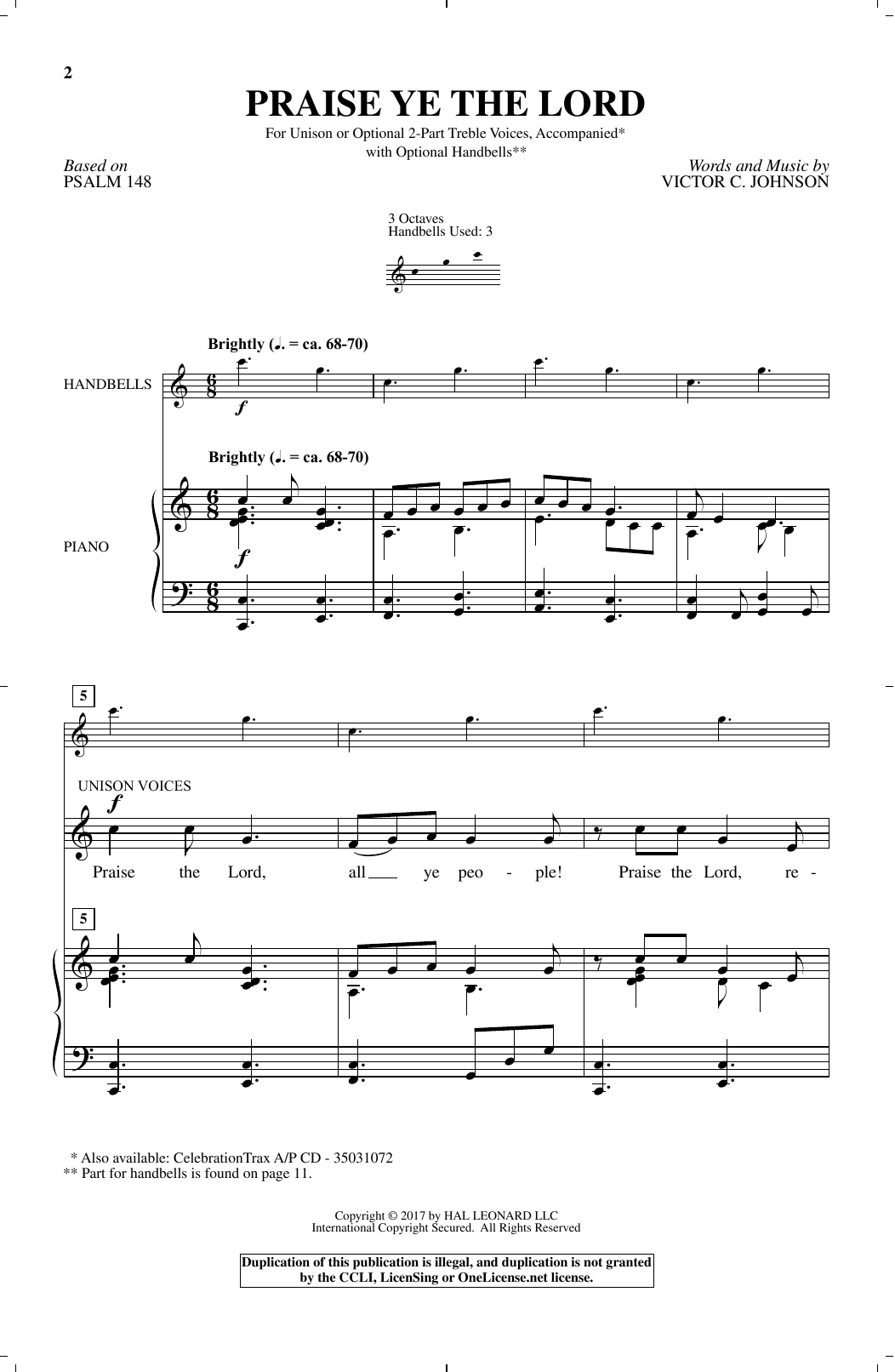 Victor C. Johnson Praise Ye The Lord sheet music, chords, lyrics - Printable PDF for Unison Choral