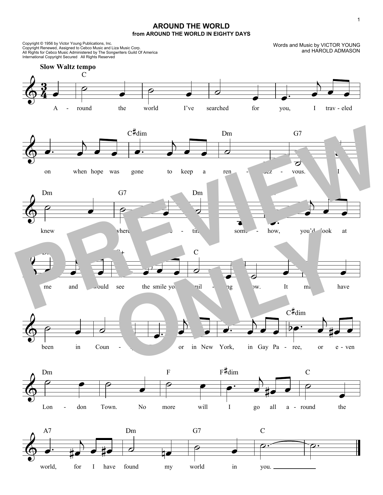 Victor Young and Harold Adamson Around The World (from Around The World In Eighty Days) sheet music, chords, lyrics - Printable PDF for Lead Sheet / Fake Book