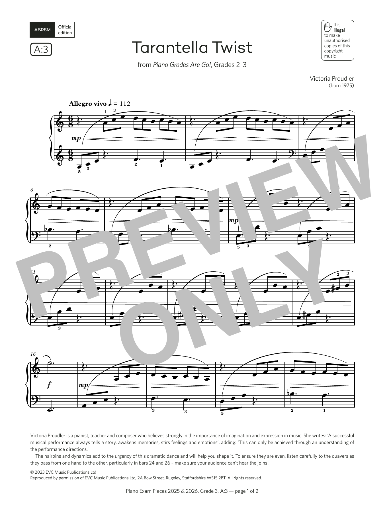 Victoria Proudler Tarantella Twist (Grade 3, list A3, from the ABRSM Piano Syllabus 2025 & 2026) sheet music, chords, lyrics - Printable PDF for Piano Solo