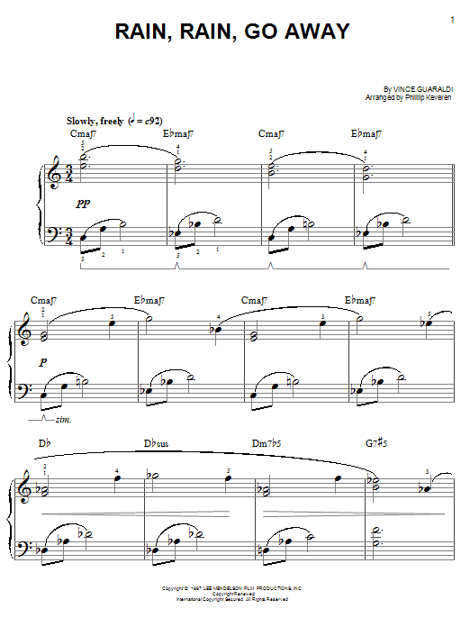 Vince Guaraldi Rain, Rain, Go Away sheet music, chords, lyrics - Printable PDF for Easy Piano
