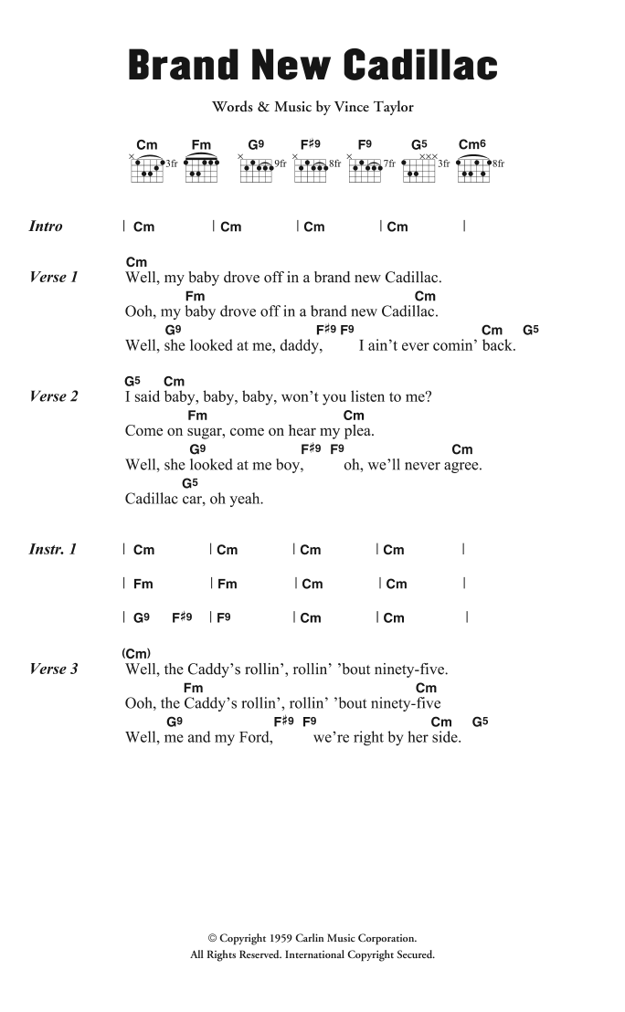 Vince Taylor & His Playboys Brand New Cadillac sheet music, chords, lyrics - Printable PDF for Lyrics & Chords