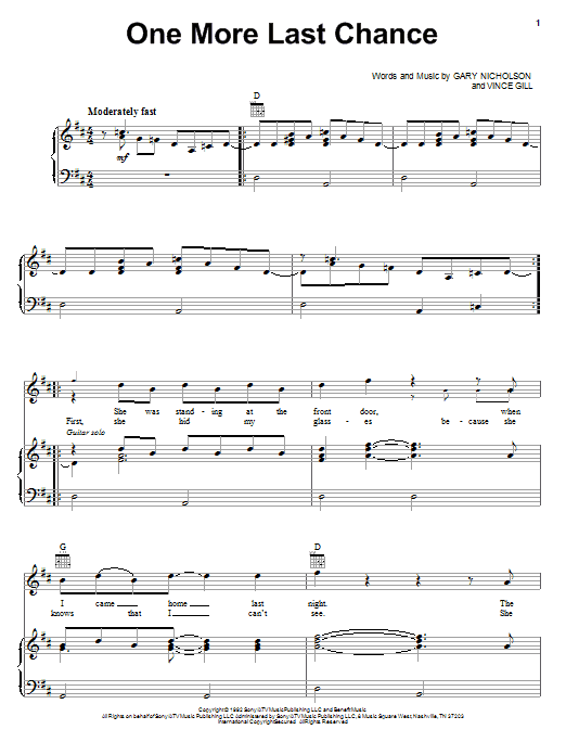 Learn to play Vince Gill One More Last Chance sheet music for Guitar Tab in minutes. Vince Gill One More Last Chance sheet music preview music notes and score for Guitar Tab including 6 page(s)