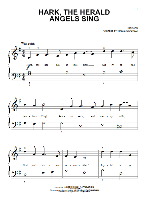 Learn to play Vince Guaraldi Hark! The Herald Angels Sing sheet music for Piano (Big Notes) in minutes. Vince Guaraldi Hark! The Herald Angels Sing sheet music preview music notes and score for Piano (Big Notes) including 2 page(s)